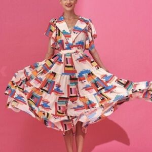 Karavan Athens Geometric Midi Dress | Flutter Sleeve Resort Sundress | OSFM